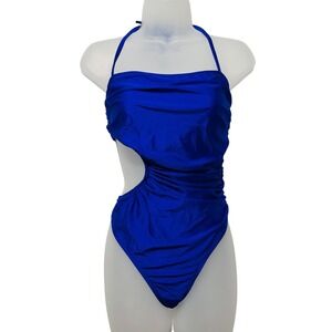 Public Desire Women Sz 6 blue One Piece Swimsuit Cut Out Halter Tie Cheeky Beach